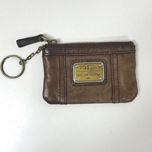 Fossil Vintage Brown Leather Coin Purse Keychain ID Holder Wallet